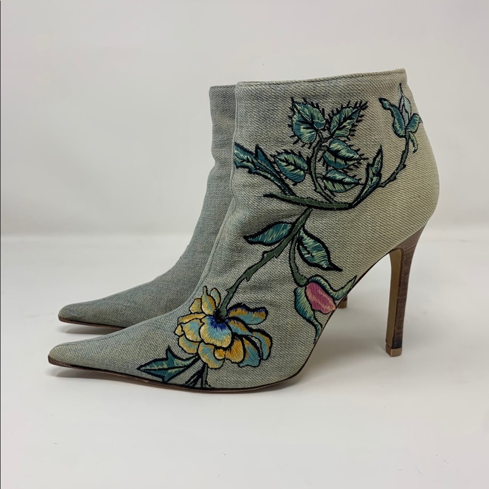 Roberto Cavalli SS 2003 Denim Embroidered Ankle Heeled Boots